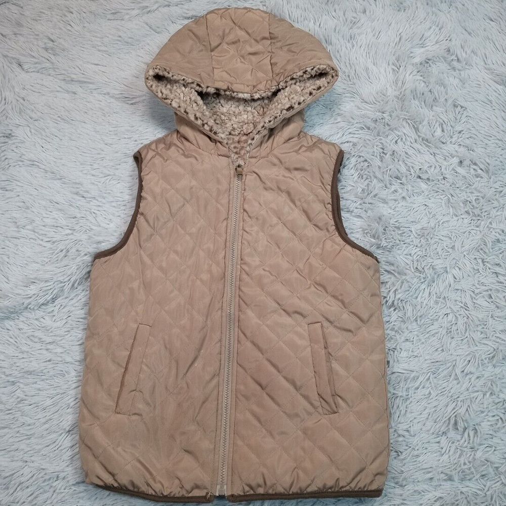 Coffee Shop‎ New York Vest Womens XS Biege Hood Gorpcore Reversible Comfy Cozy